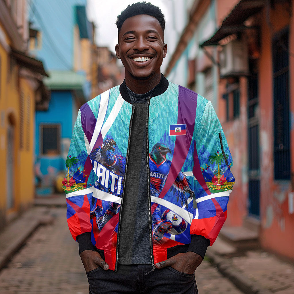 Personalized Haiti Football Sleeve Zip Bomber Jacket Haitian Flag Trogon Bird Mascot