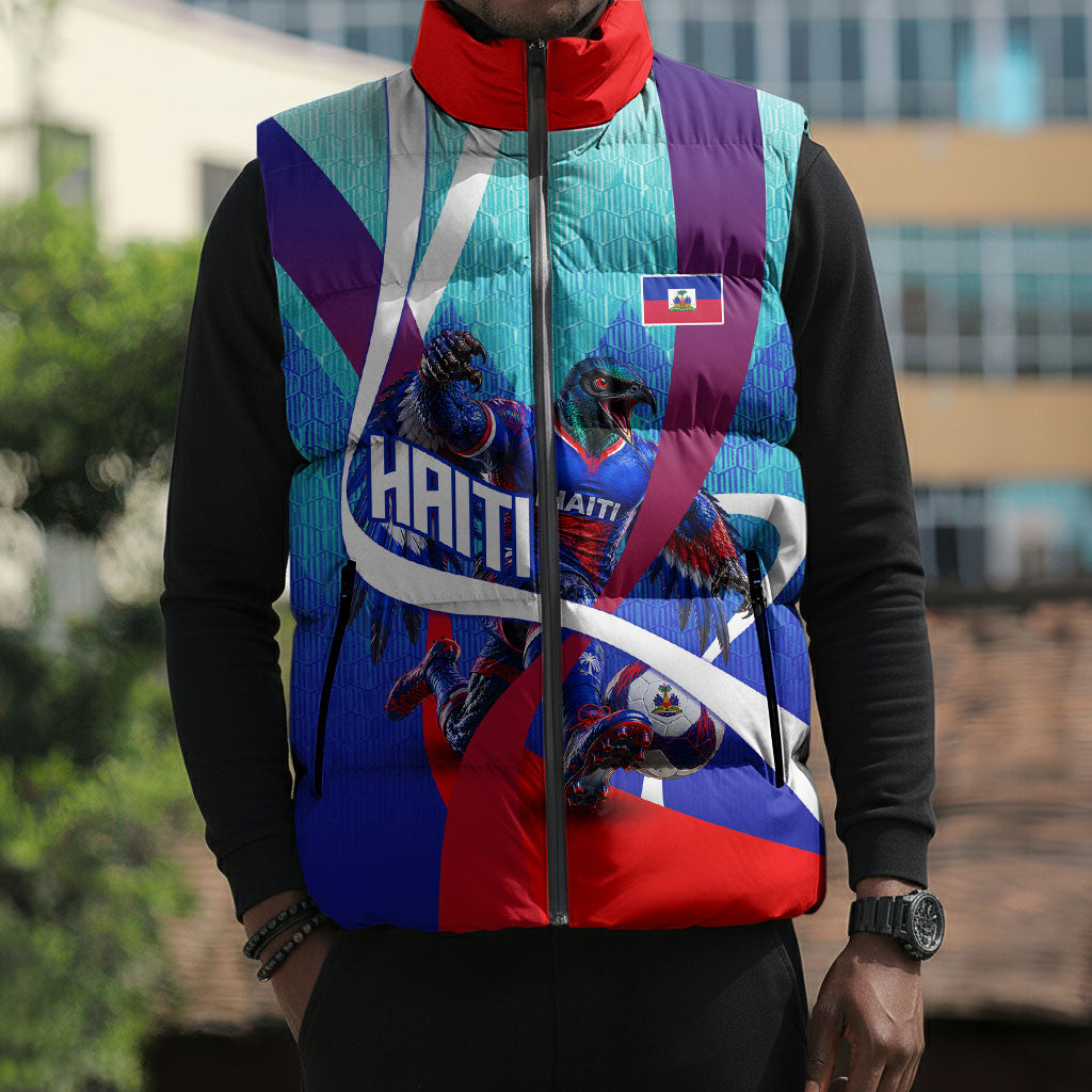 Personalized Haiti Football Sleeveless Puffer Jacket Haitian Flag Trogon Bird Mascot