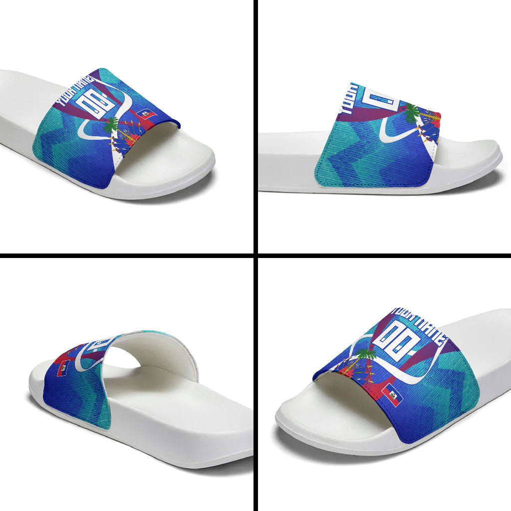 Personalized Haiti Football Slide Sandals Haitian Flag Trogon Bird Mascot