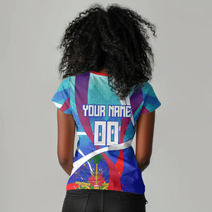 Personalized Haiti Football Women V-Neck T-Shirt Haitian Flag Trogon Bird Mascot