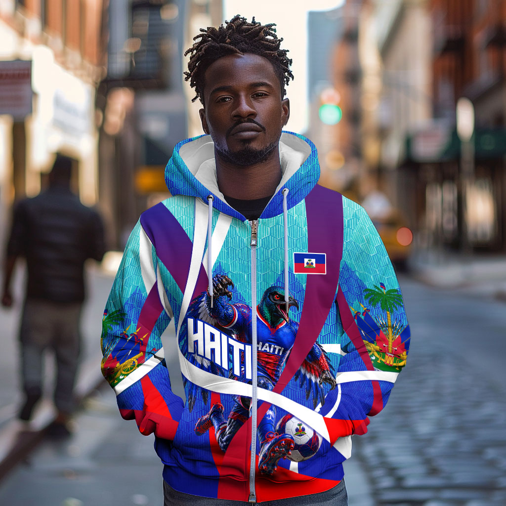 Personalized Haiti Football Zip Hoodie Haitian Flag Trogon Bird Mascot
