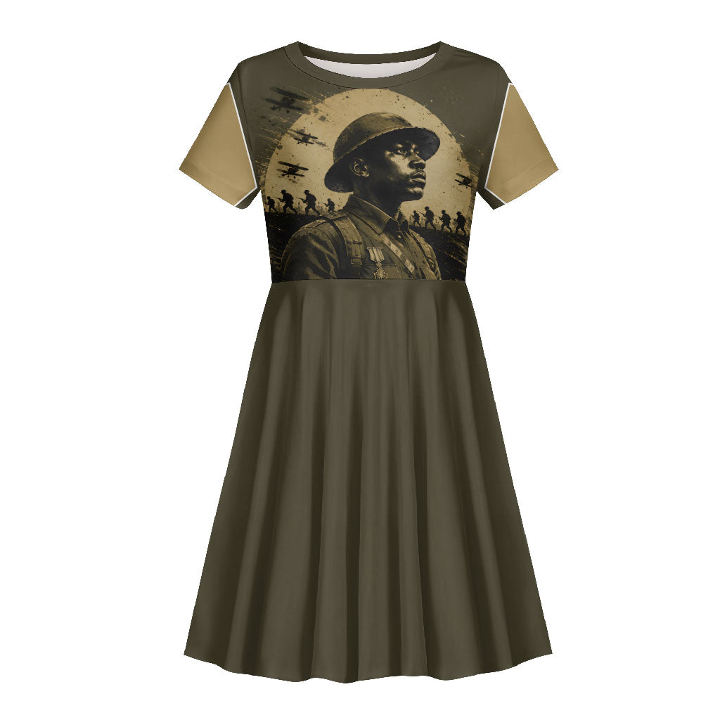 Harlem Hellfighters WWI Soldier Kid Short Sleeve Dress Vintage Military Hero Jazz Band Silhouette Art