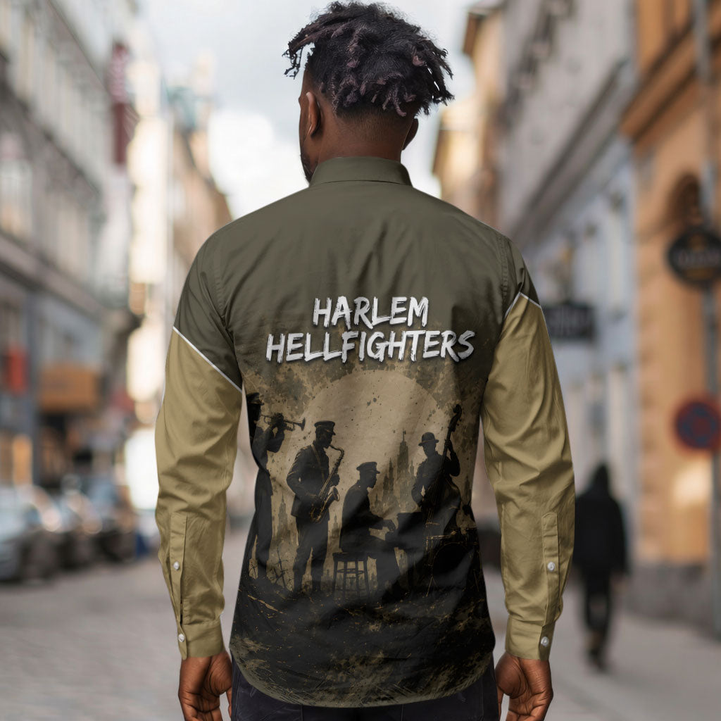 Harlem Hellfighters WWI Soldier Long Sleeve Button Shirt Vintage Military Hero Jazz Band Silhouette Art