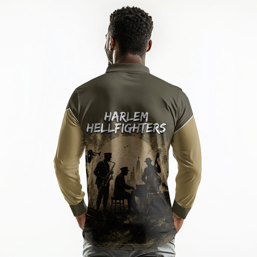 Harlem Hellfighters WWI Soldier Long Sleeve Polo Shirt Vintage Military Hero Jazz Band Silhouette Art