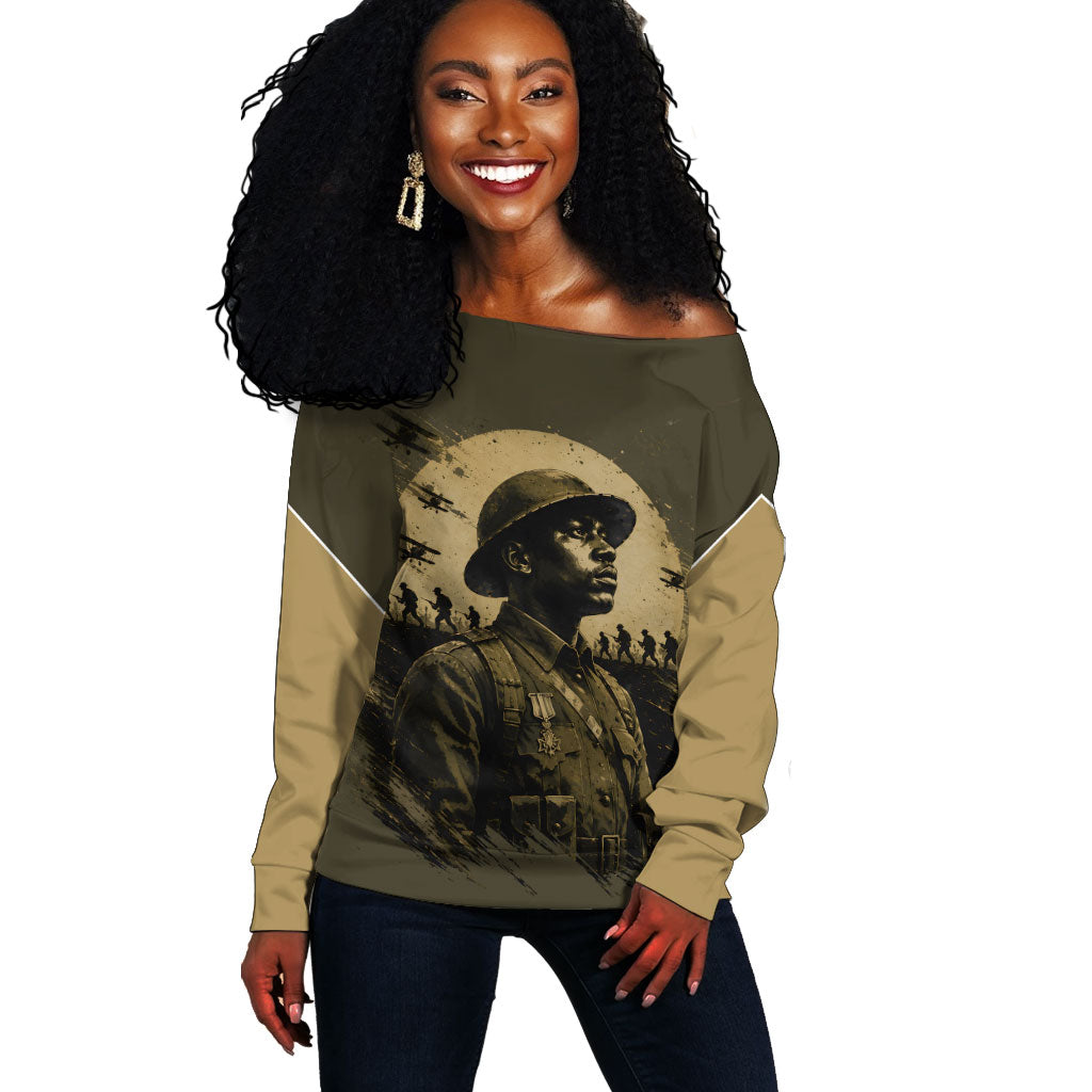 Harlem Hellfighters WWI Soldier Off Shoulder Sweater Vintage Military Hero Jazz Band Silhouette Art