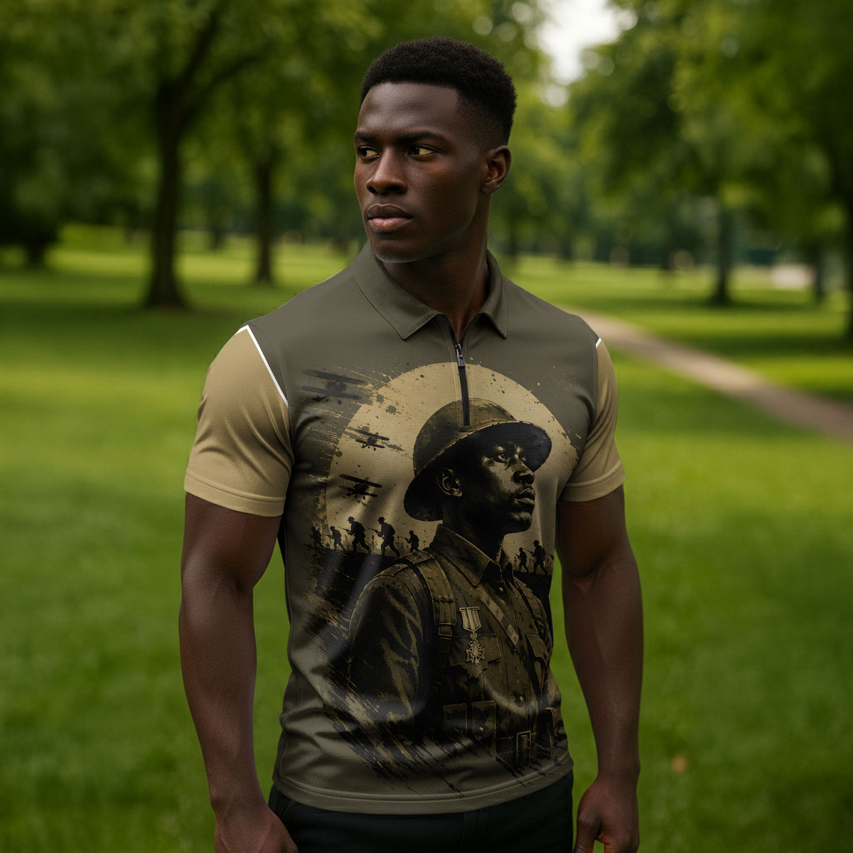 Harlem Hellfighters WWI Soldier Zipper Polo Shirt Vintage Military Hero Jazz Band Silhouette Art