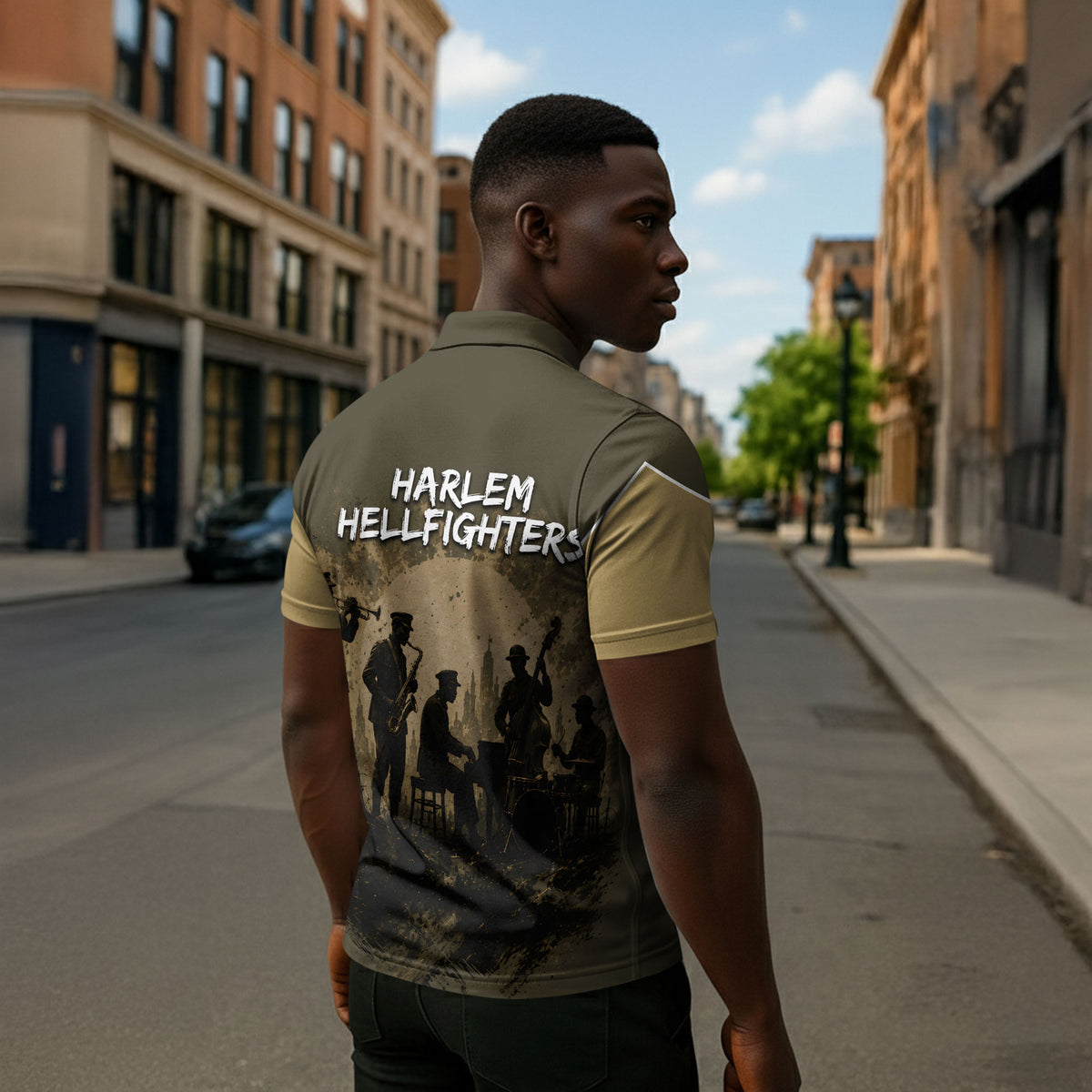 Harlem Hellfighters WWI Soldier Zipper Polo Shirt Vintage Military Hero Jazz Band Silhouette Art