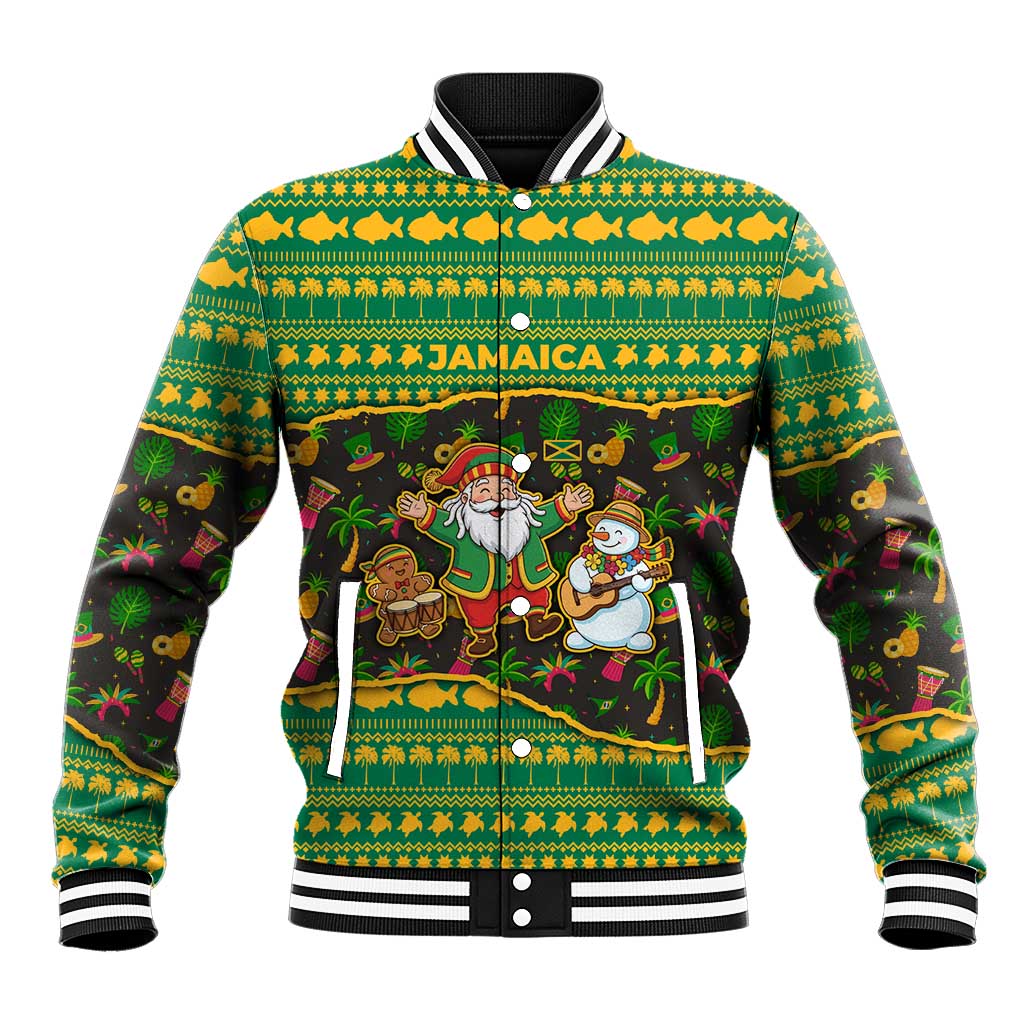 Jamaica Christmas Baseball Jacket Rasta Santa Snowman Gingerbread Drummer Palm Trees - African Pride