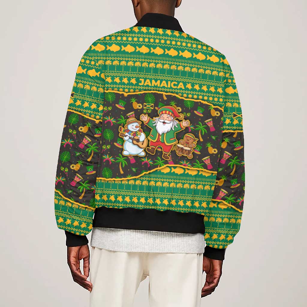 Jamaica Christmas Bomber Jacket Rasta Santa Snowman Gingerbread Drummer Palm Trees - African Pride
