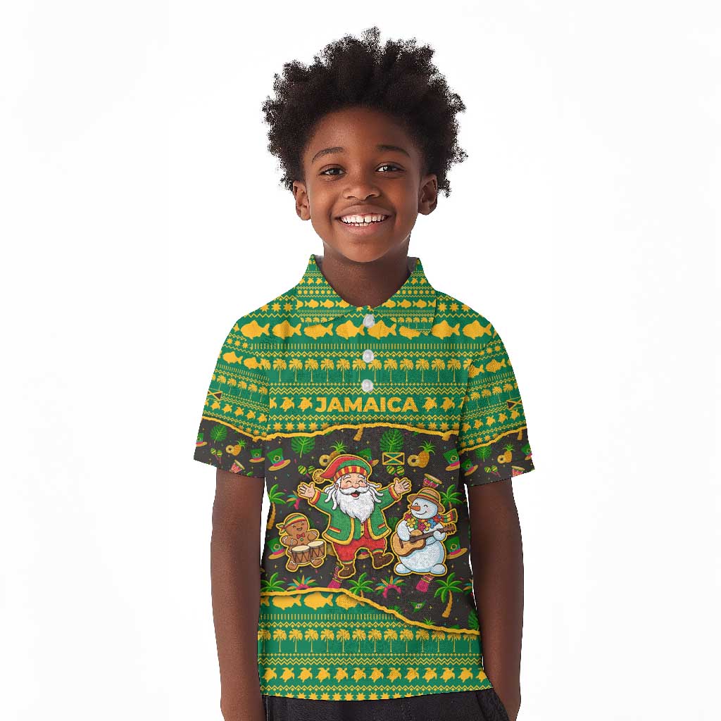 Jamaica Christmas Kid Polo Shirt Rasta Santa Snowman Gingerbread Drummer Palm Trees - African Pride