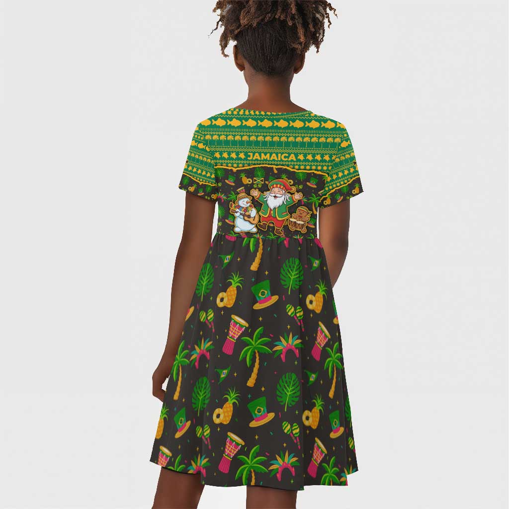 Jamaica Christmas Kid Short Sleeve Dress Rasta Santa Snowman Gingerbread Drummer Palm Trees - African Pride