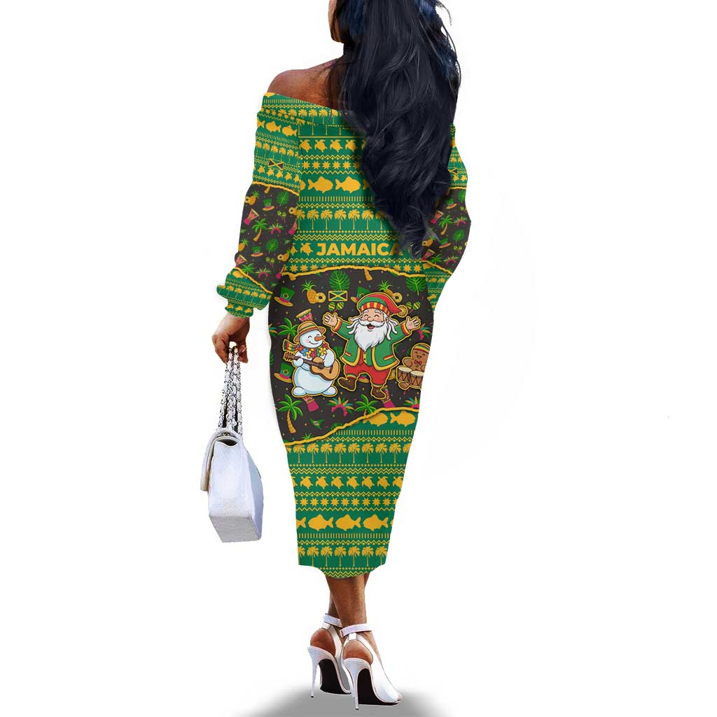Jamaica Christmas Off The Shoulder Long Sleeve Dress Rasta Santa Snowman Gingerbread Drummer Palm Trees - African Pride