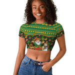 Jamaica Christmas Raglan Cropped T shirt Rasta Santa Snowman Gingerbread Drummer Palm Trees - African Pride