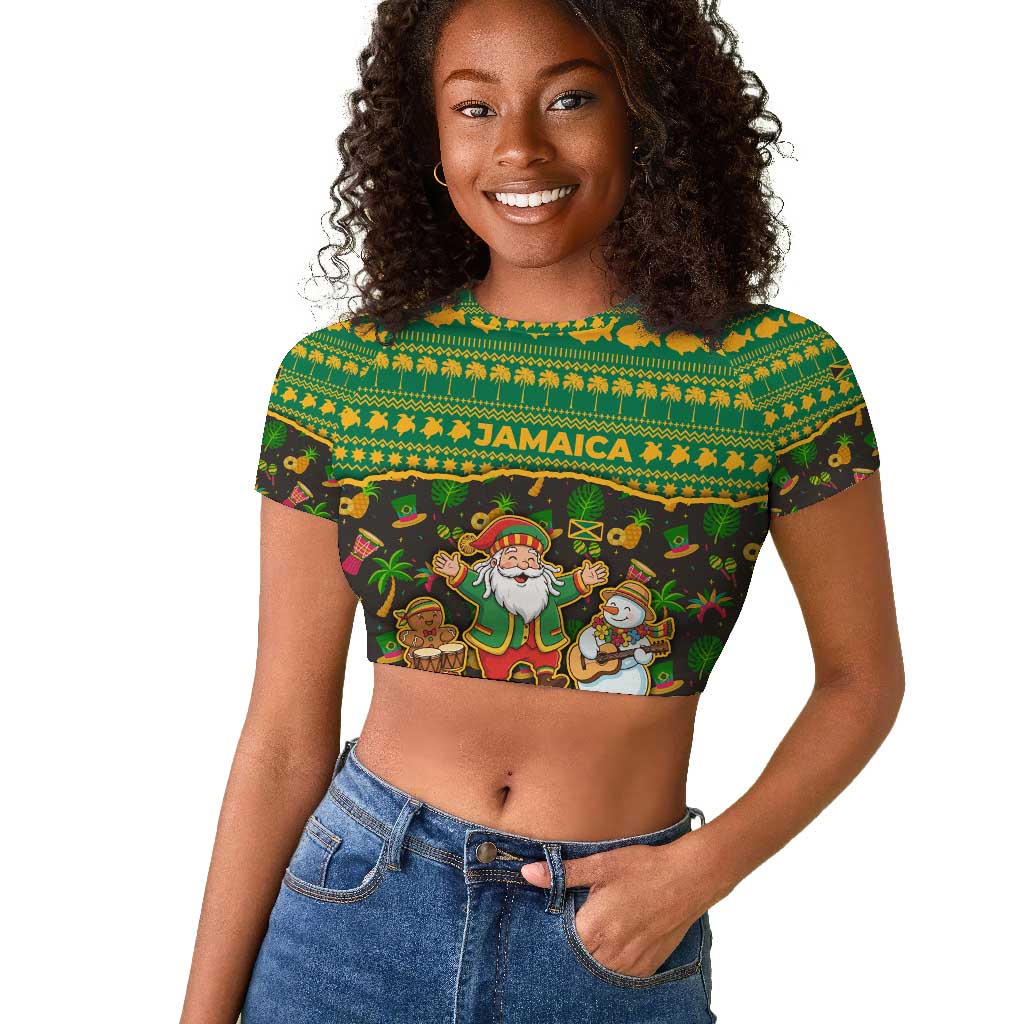 Jamaica Christmas Raglan Cropped T shirt Rasta Santa Snowman Gingerbread Drummer Palm Trees - African Pride