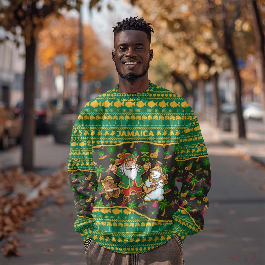 Jamaica Christmas Sweatshirt Rasta Santa Snowman Gingerbread Drummer Palm Trees - African Pride