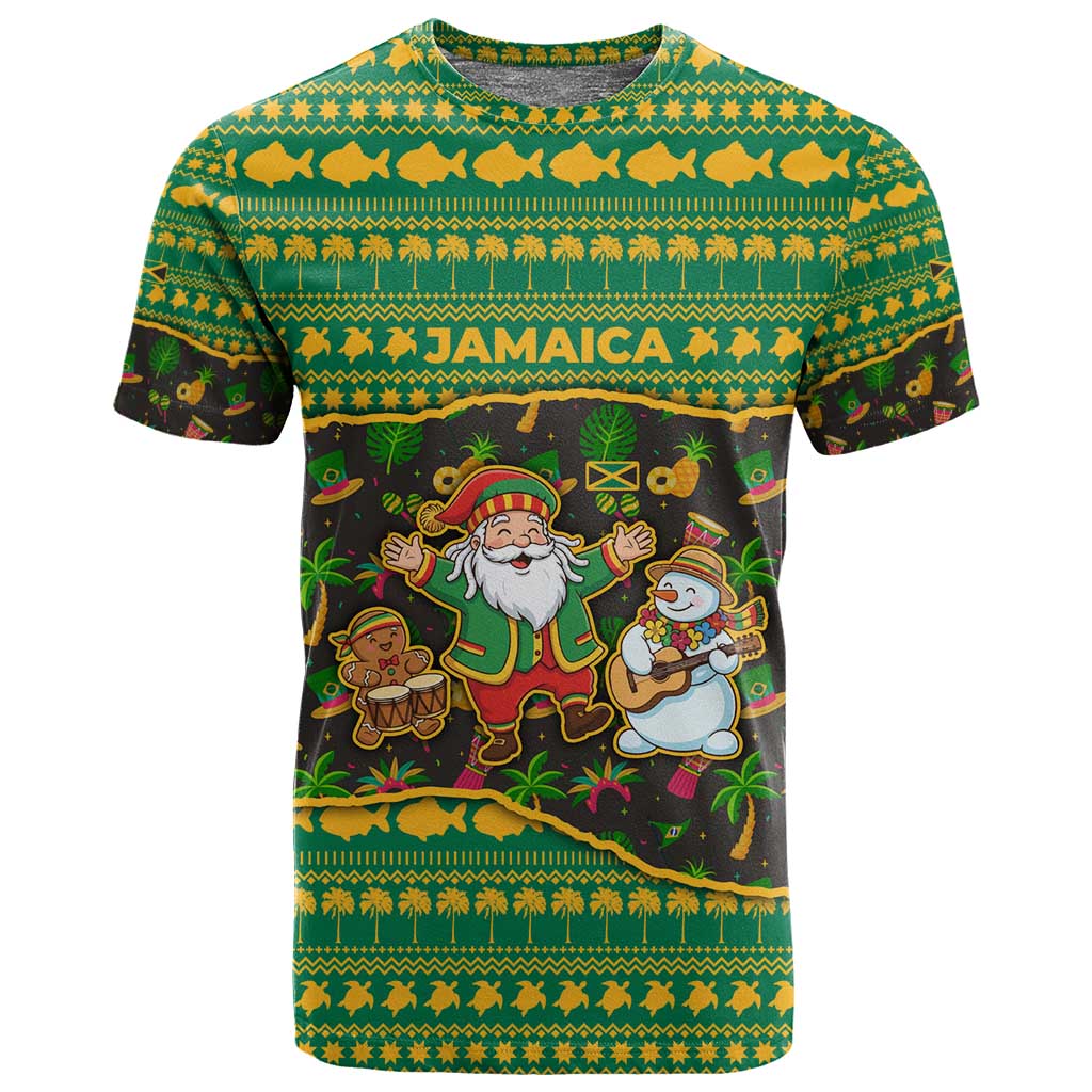 Jamaica Christmas T shirt Rasta Santa Snowman Gingerbread Drummer Palm Trees - African Pride