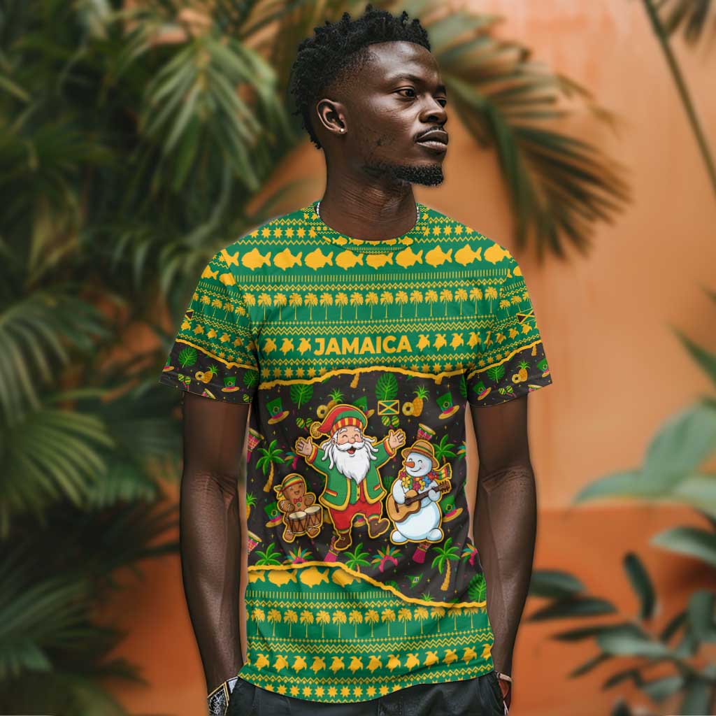 Jamaica Christmas T shirt Rasta Santa Snowman Gingerbread Drummer Palm Trees - African Pride