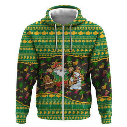 Jamaica Christmas Zip Hoodie Rasta Santa Snowman Gingerbread Drummer Palm Trees - African Pride