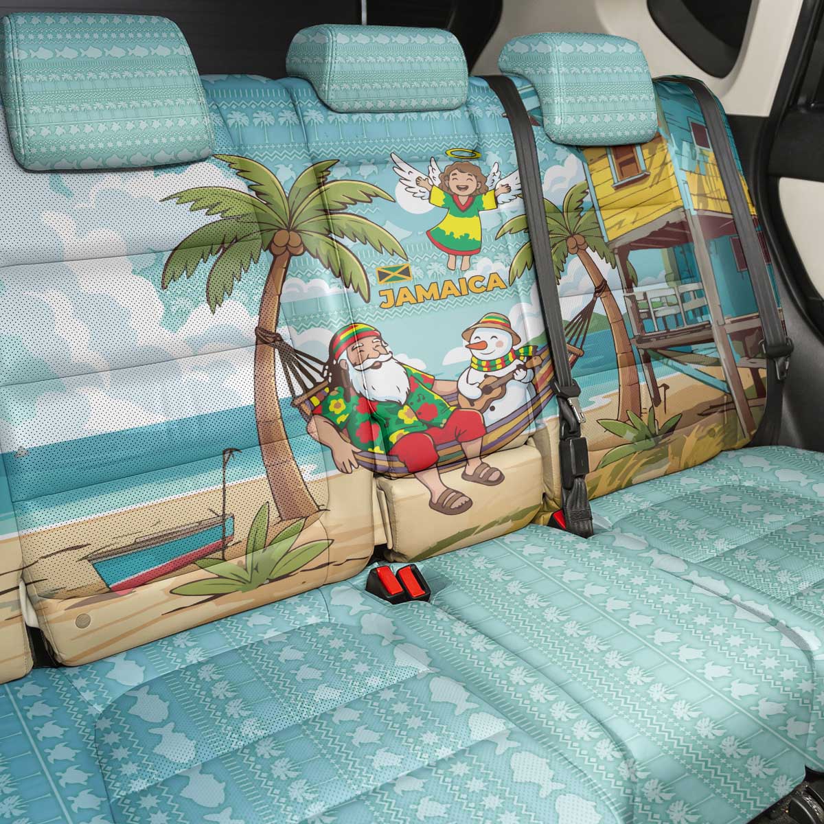 Jamaica Christmas Back Car Seat Cover Rasta Santa Snowman Hammock Angel Palm Trees and Tropical Beach - African Pride