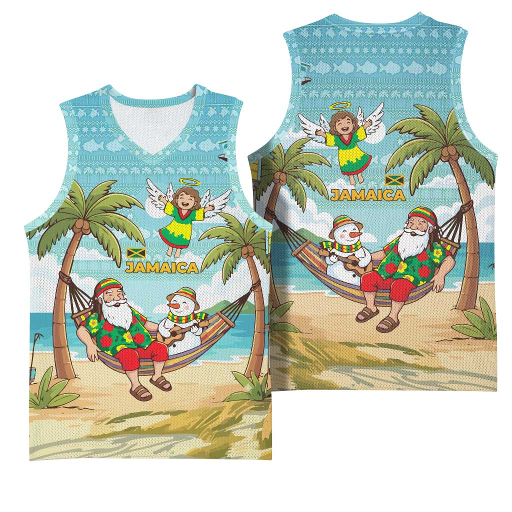 Jamaica Christmas Basketball Jersey Rasta Santa Snowman Hammock Angel Palm Trees and Tropical Beach TS04