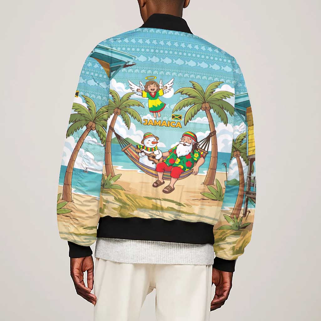 Jamaica Christmas Bomber Jacket Rasta Santa Snowman Hammock Angel Palm Trees and Tropical Beach - African Pride