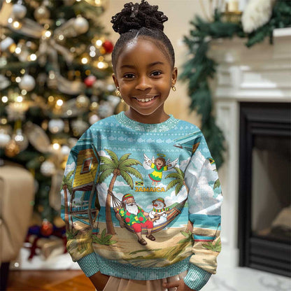 Jamaica Christmas Kid Ugly Christmas Sweater Rasta Santa Snowman Hammock Angel Palm Trees and Tropical Beach - African Pride
