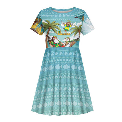 Jamaica Christmas Kid Short Sleeve Dress Rasta Santa Snowman Hammock Angel Palm Trees and Tropical Beach - African Pride