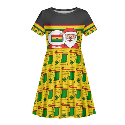Ghana Christmas Kid Short Sleeve Dress Santa Ornament National Coat of Arms and Festive - African Pride