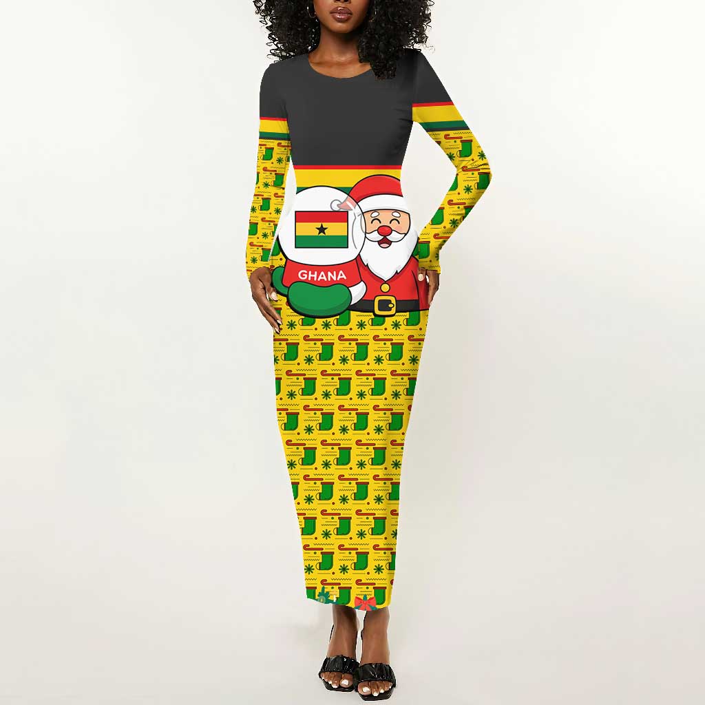 Ghana Christmas Long Sleeve Bodycon Dress Santa Ornament National Coat of Arms and Festive - African Pride