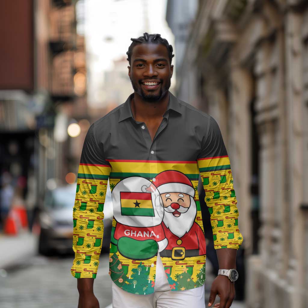Ghana Christmas Long Sleeve Button Shirt Santa Ornament National Coat of Arms and Festive - African Pride