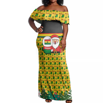 Ghana Christmas Off Shoulder Maxi Dress Santa Ornament National Coat of Arms and Festive - African Pride