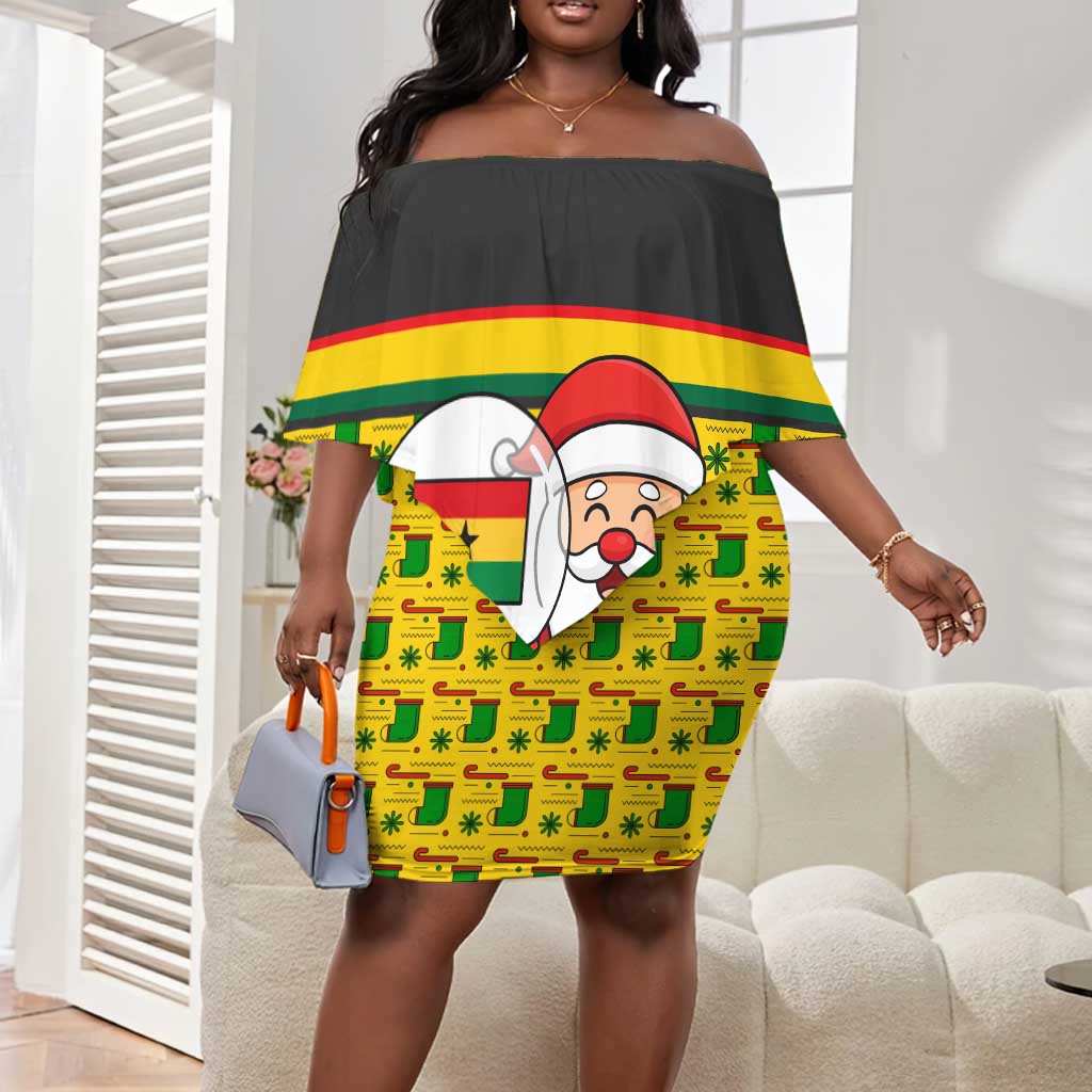 Ghana Christmas Off Shoulder Short Dress Santa Ornament National Coat of Arms and Festive - African Pride