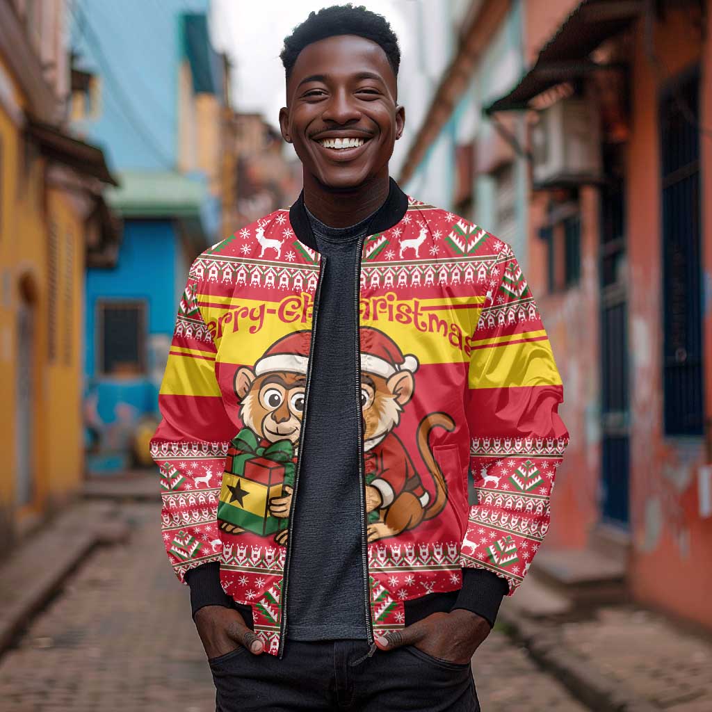 Ghana Christmas Bomber Jacket Monkey Holding Gift Ghana Map and Festive - African Pride