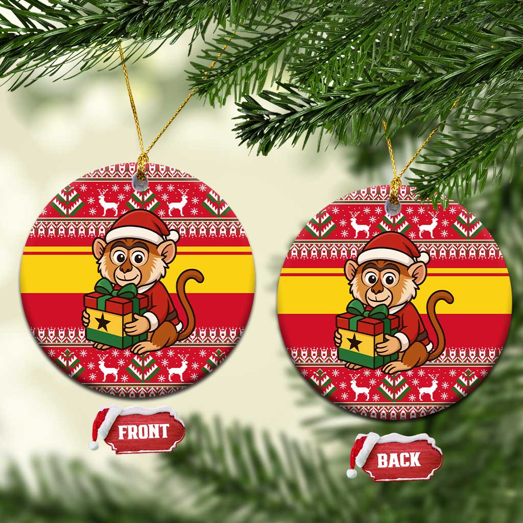 Ghana Christmas Ceramic Ornament Monkey Holding Gift Ghana Map and Festive - African Pride