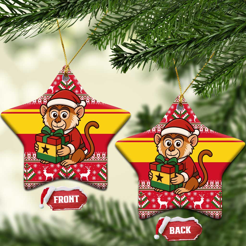 Ghana Christmas Ceramic Ornament Monkey Holding Gift Ghana Map and Festive - African Pride