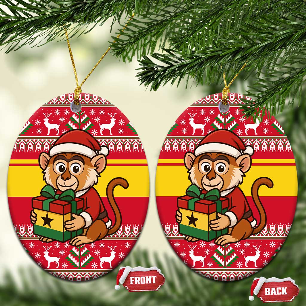 Ghana Christmas Ceramic Ornament Monkey Holding Gift Ghana Map and Festive - African Pride