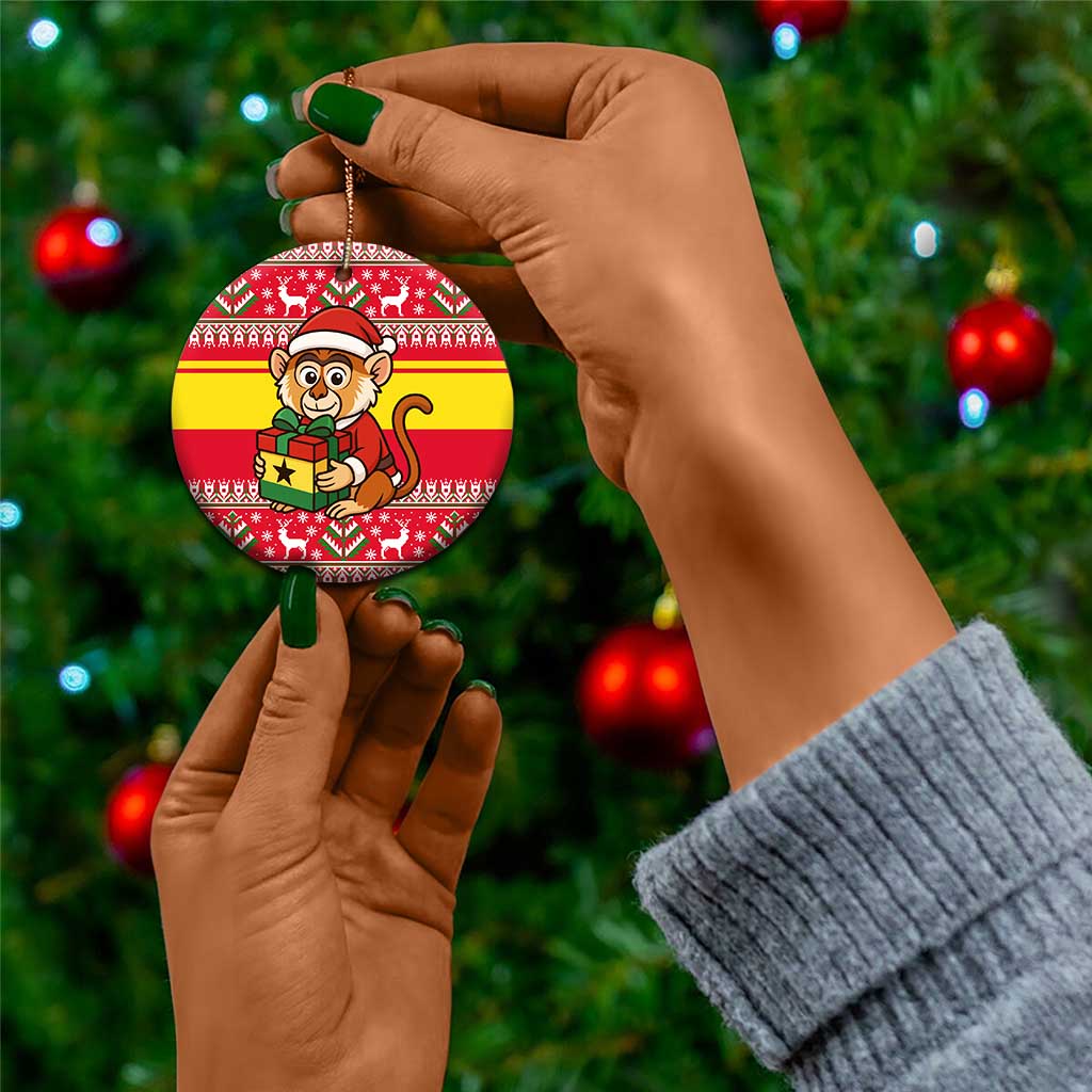 Ghana Christmas Ceramic Ornament Monkey Holding Gift Ghana Map and Festive - African Pride