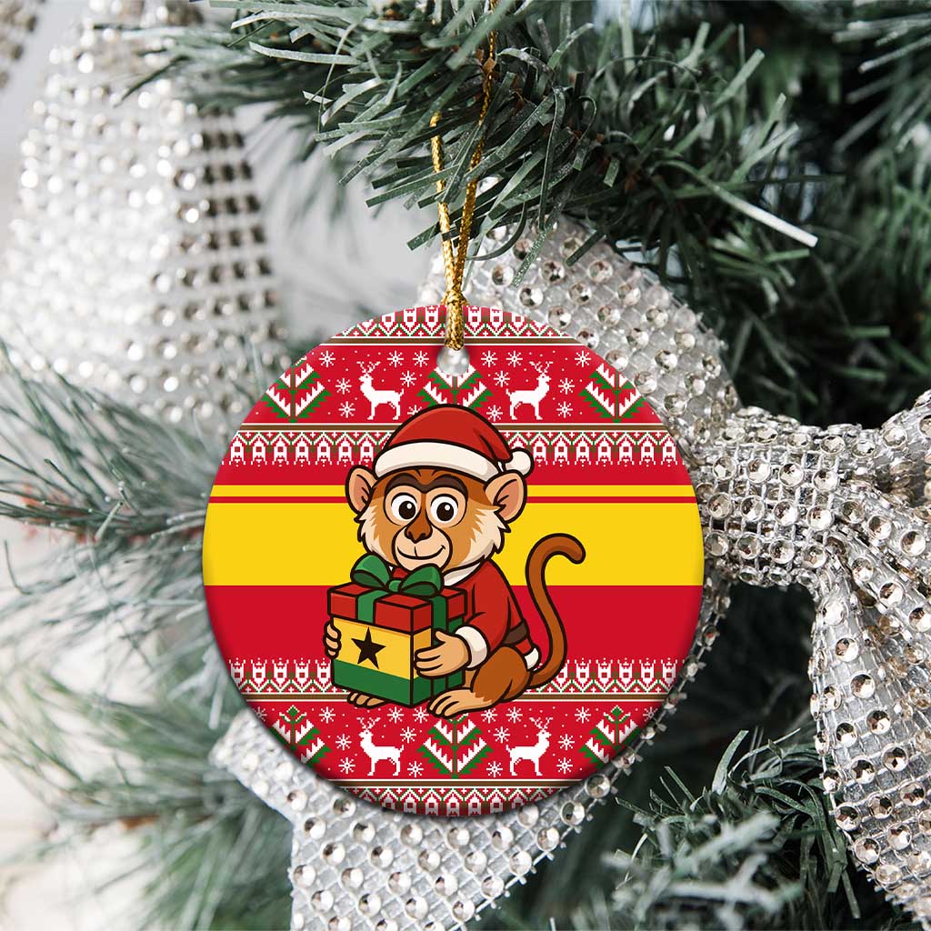Ghana Christmas Ceramic Ornament Monkey Holding Gift Ghana Map and Festive - African Pride