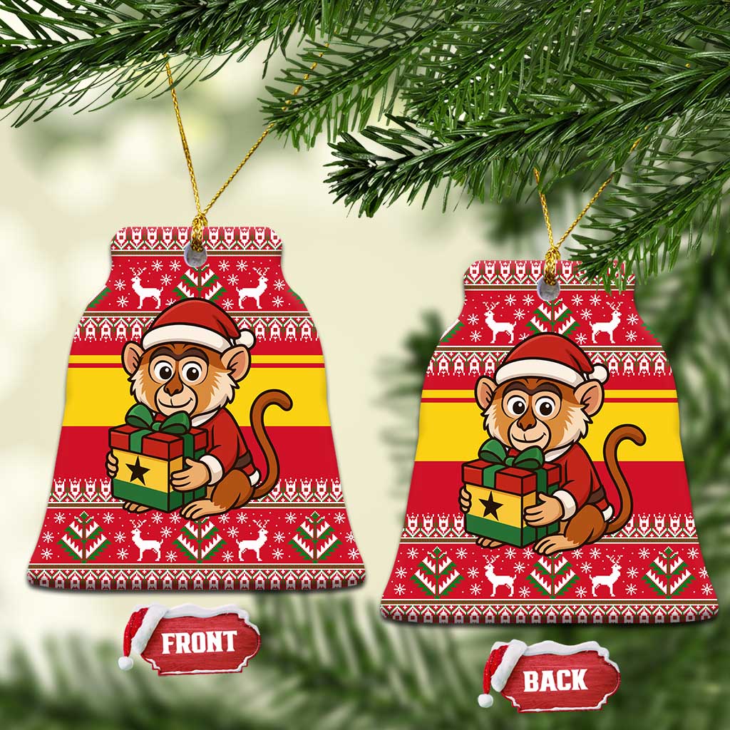 Ghana Christmas Ceramic Ornament Monkey Holding Gift Ghana Map and Festive - African Pride
