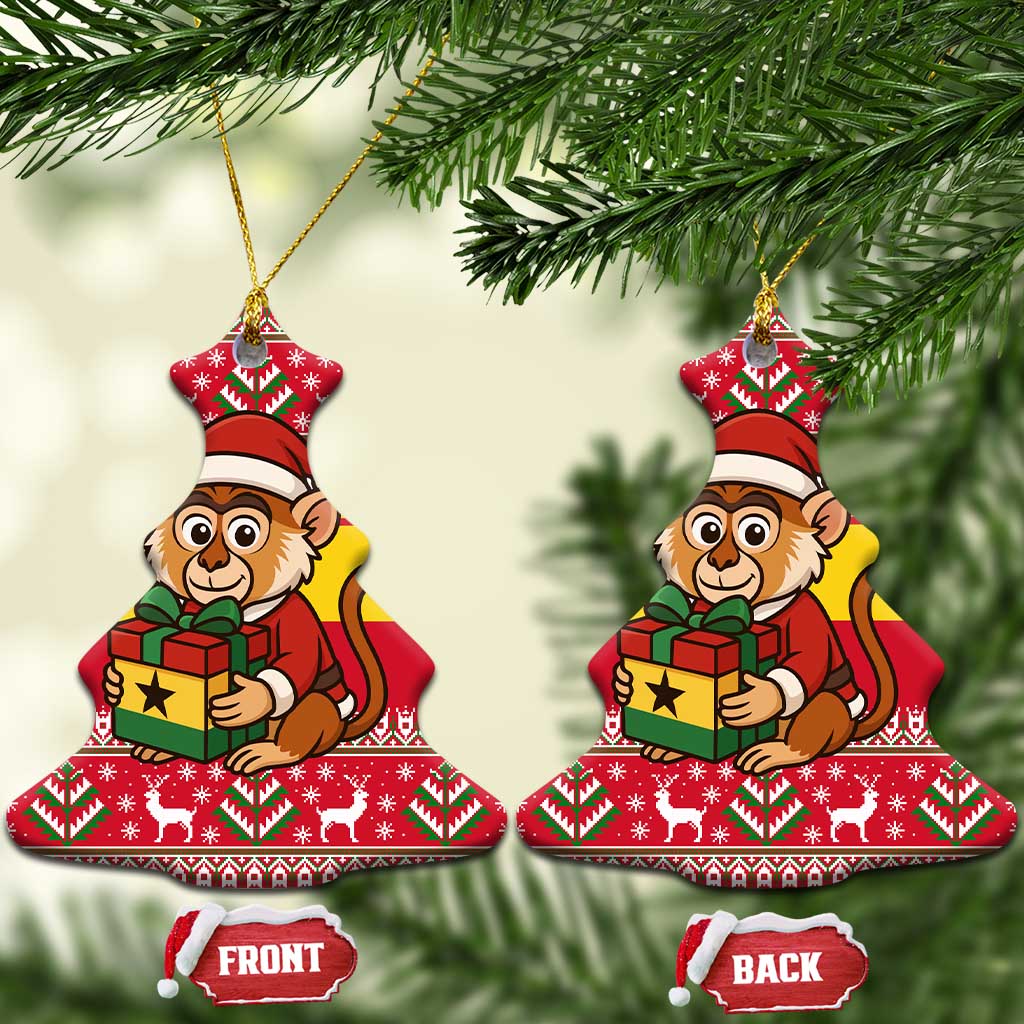 Ghana Christmas Ceramic Ornament Monkey Holding Gift Ghana Map and Festive - African Pride