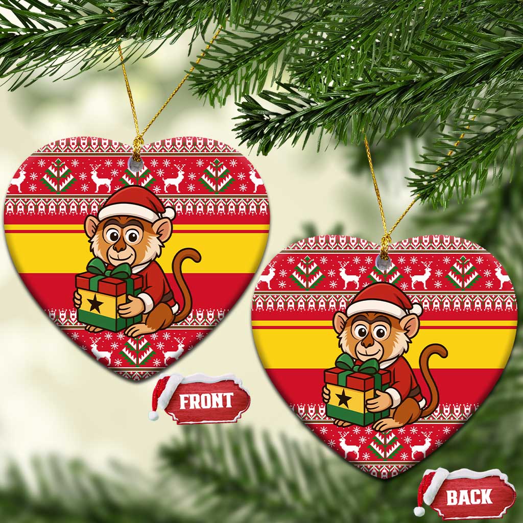 Ghana Christmas Ceramic Ornament Monkey Holding Gift Ghana Map and Festive - African Pride