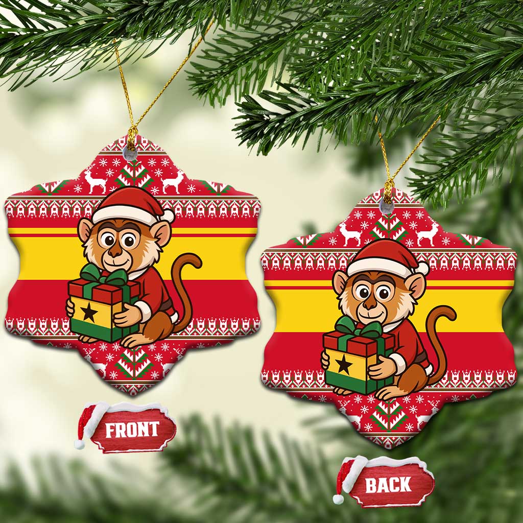 Ghana Christmas Ceramic Ornament Monkey Holding Gift Ghana Map and Festive - African Pride