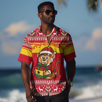 Ghana Christmas Hawaiian Shirt Monkey Holding Gift Ghana Map and Festive - African Pride