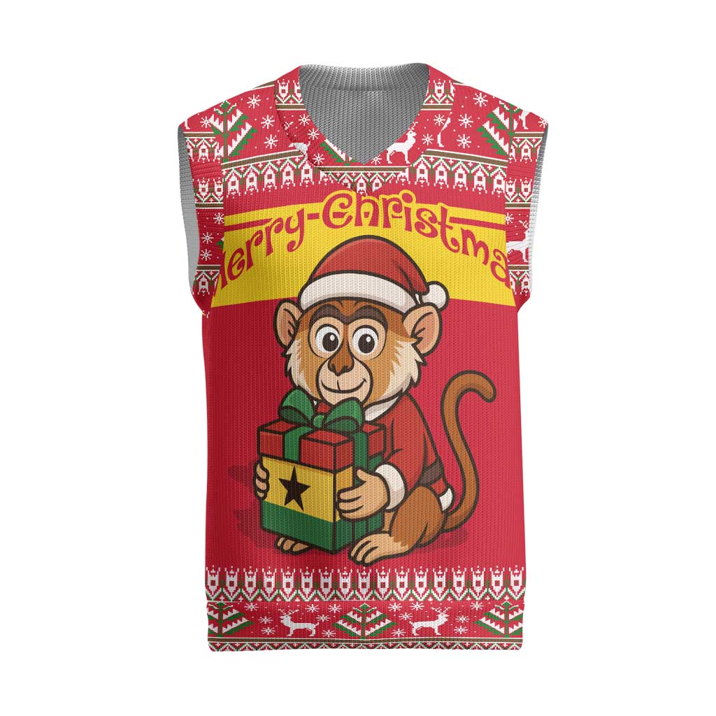 Ghana Christmas Knitted V-Neck Vest Monkey Holding Gift Ghana Map and Festive - African Pride