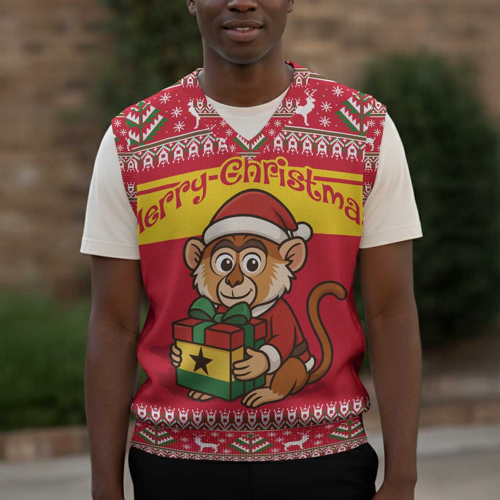 Ghana Christmas Knitted V-Neck Vest Monkey Holding Gift Ghana Map and Festive - African Pride