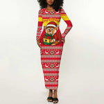Ghana Christmas Long Sleeve Bodycon Dress Monkey Holding Gift Ghana Map and Festive - African Pride