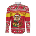 Ghana Christmas Long Sleeve Button Shirt Monkey Holding Gift Ghana Map and Festive - African Pride