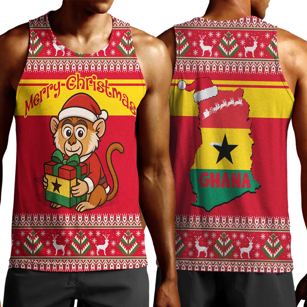 Ghana Christmas Men Tank Top Monkey Holding Gift Ghana Map and Festive - African Pride