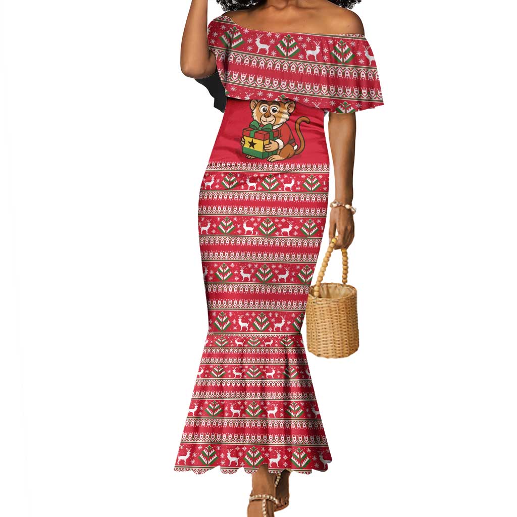 Ghana Christmas Mermaid Dress Monkey Holding Gift Ghana Map and Festive - African Pride