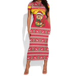 Ghana Christmas Short Sleeve Bodycon Dress Monkey Holding Gift Ghana Map and Festive - African Pride